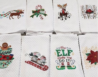 Christmas Winter Moose Candy Cane Poinsetta Cardinal kitchen dish towel custom embroidered