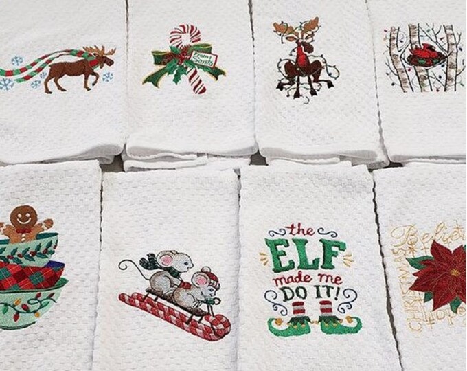 Christmas Winter Moose Candy Cane Poinsetta Cardinal kitchen dish towel custom embroidered