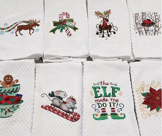 Christmas Winter Moose Candy Cane Poinsetta Cardinal kitchen dish towel  custom embroidered