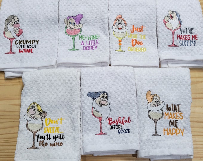 Disney inspired snow white seven dwarfs wine kitchen dish towel