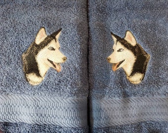 Husky Dog SET OF 2 BATH HAND TOWELS EMBROIDERED BY LAURA Husky Dog SET OF 2 BATH HAND TOWELS EMBROIDERED BY LAURA