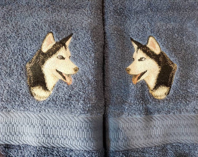 Husky dog hand towel set custom embroidered