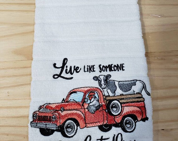 custom embroidered red truck chicken cow farm set of 2 kitchen dish towels