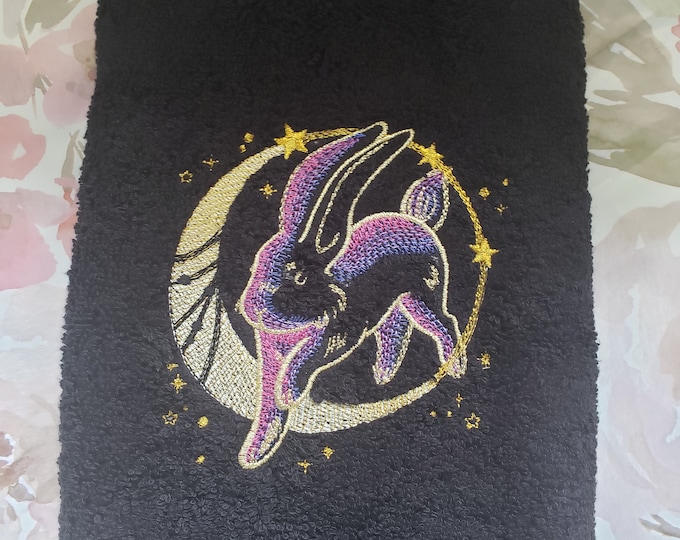 Celestial Rabbit lunar eclipse  metallic bath hand towel custom embroidered