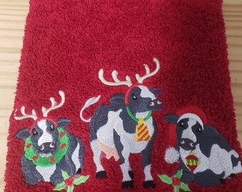 Christmas cow ornament bells  bath hand towel custom embroidered personalized