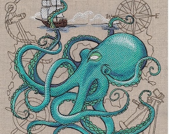 Kraken of the sea kitchen dish hand towel custom embroidered