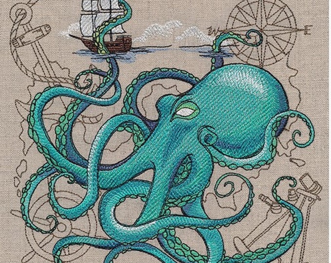 Kraken of the sea kitchen dish hand towel custom embroidered