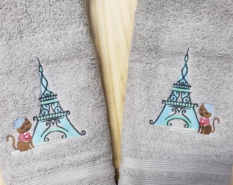 French Cat in Paris Eiffel tower bath hand towel set custom embroidered