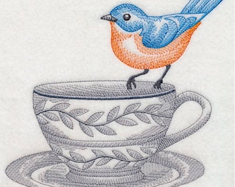 custom embroidered bluebird teacup set of 2 kitchen dish towels
