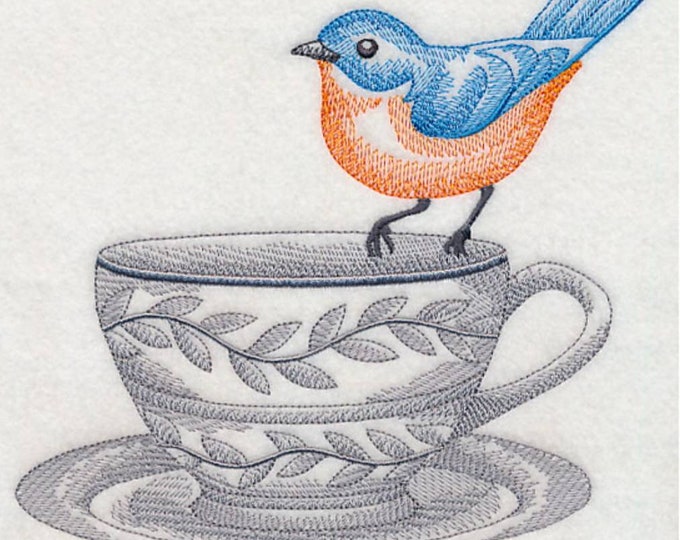 custom embroidered bluebird teacup set of 2 kitchen dish towels