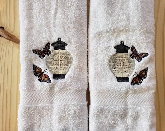 Chinese Sunburst Lantern Butterfly hand towel set custom embroidered