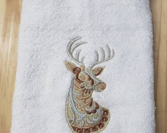 Bohemian Reindeer Christmas metallic bath hand towel set custom embroidered personalized
