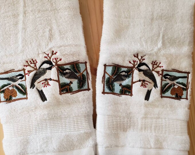 Chickadee bird  collage towel set custom embroidered