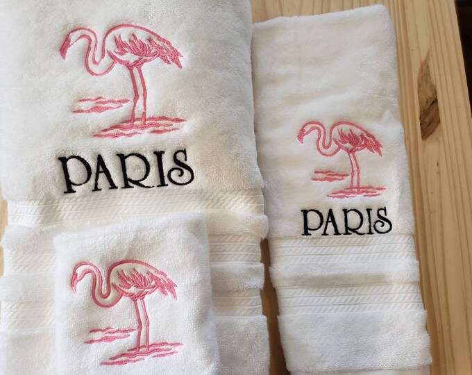 Flamingo bath hand towel set personalized custom embroidered