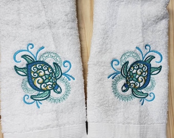 Sea Turtle Mehndi echo bath hand towel set custom embroidered