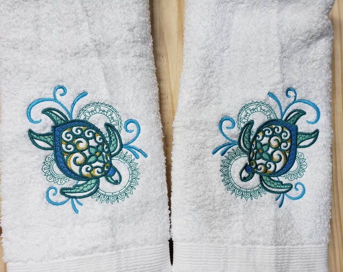 Sea Turtle Mehndi echo bath hand towel set custom embroidered