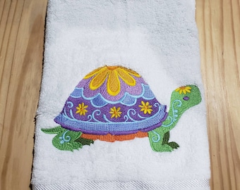 Turtle animal  flower power bath hand towel set custom embroidered personalized