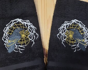 Raven spider web Gothic Spooky metallic hand towel set custom embroidered personalized