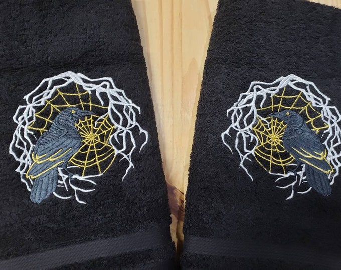Raven spider web Gothic Spooky metallic hand towel set custom embroidered personalized