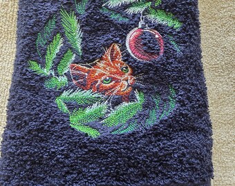 Curious cat Christmas tree ornament  bath hand towel custom embroidered personalized