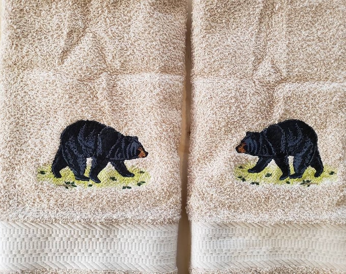Black bear walking hand towel set custom embroidered