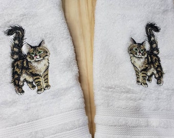 Maine Coon Cat bath decor hand towel set custom embroidered personalized