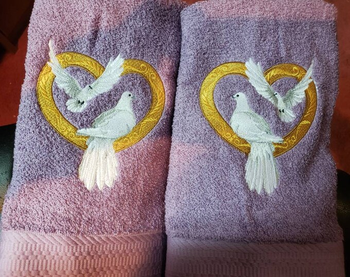 Victorian Doves heart hand towel set embroidered personalized