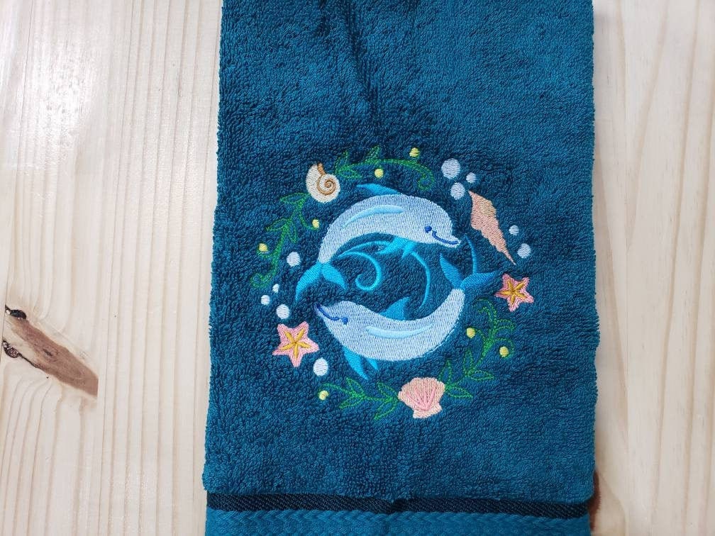 Dolphin love sea shell custom embroidered bath hand towel set