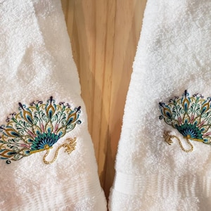 Peacock bird fan hand towel set custom embroidered personalized