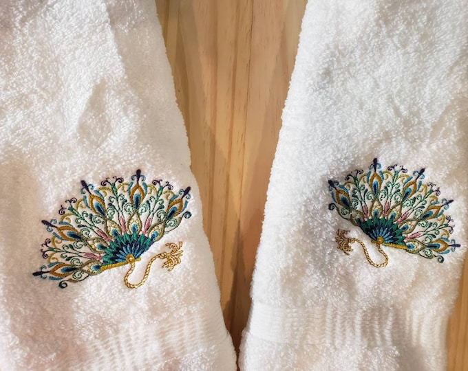 Peacock bird fan hand towel set custom embroidered personalized