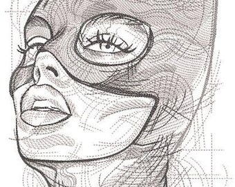 Superhero Cat Woman inspired sketch design  kitchen dish towel custom embroidered