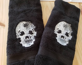 Spooky skull raven skeleton hand towel set  baroque custom embroidered