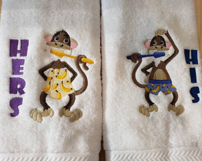 Monkey banana toothbrush his hers hand towel set custom embroidered personalized