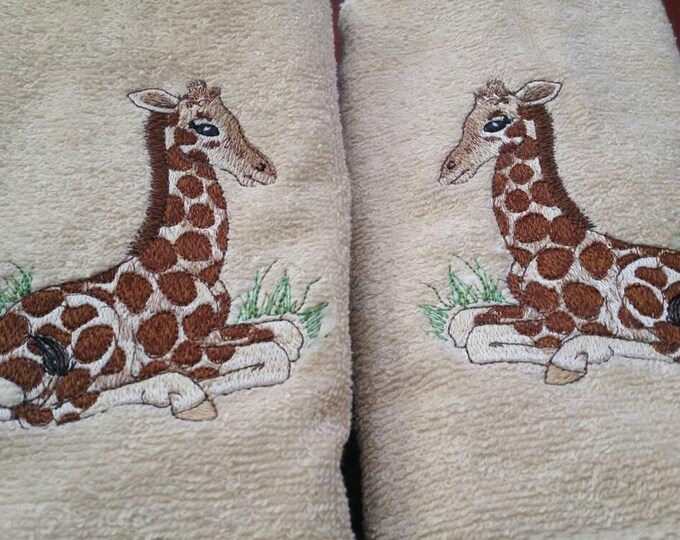 Giraffe calf bath hand towel set custom embroidered