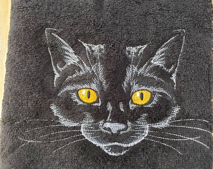 Black cat realistic design bath hand towel set custom embroidered