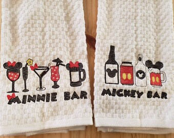 Mickey Minnie Mouse inspired beer wine cocktail bar kitchen dish towel custom embroidered