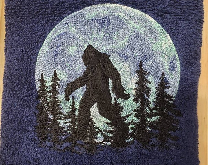Bigfoot Sasquatch moon bath hand towel custom embroidered