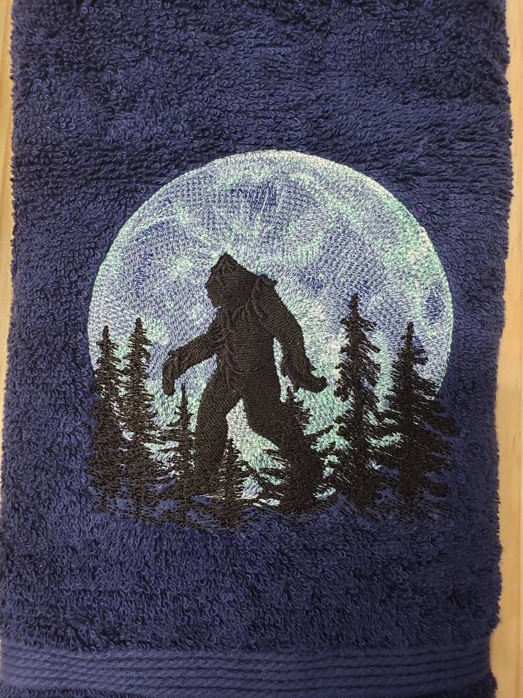 Bathing Bigfoot and rubber ducky wash rag, hand towel, bath towel