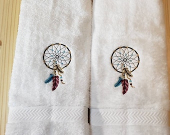 Custom embroidered dream catcher feather filigree hand towel set