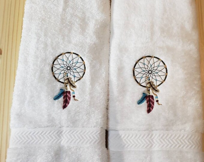 Custom embroidered dream catcher feather filigree hand towel set