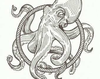 Nautical Octopus rope frame kitchen dish hand towel custom embroidered