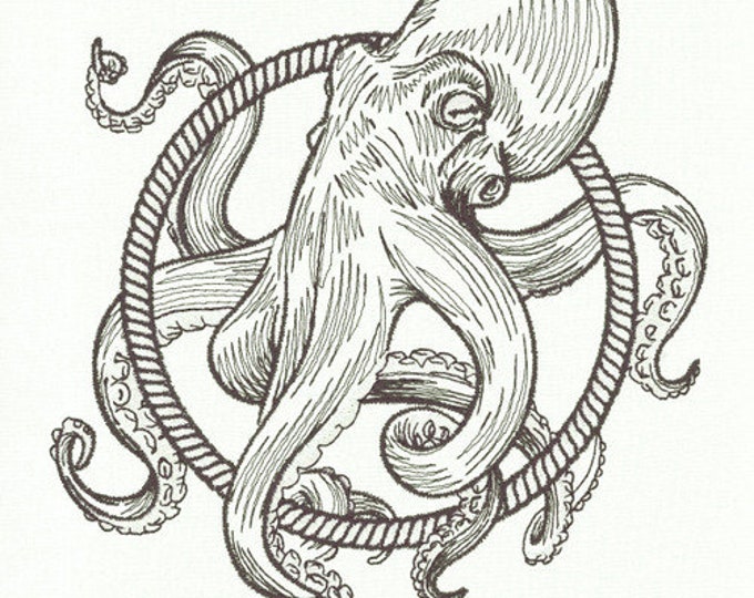 Nautical Octopus rope frame kitchen dish hand towel custom embroidered
