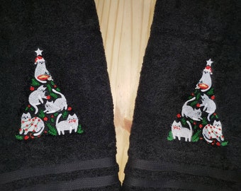 Cat Christmas Tree hand towel set custom embroidered personalized