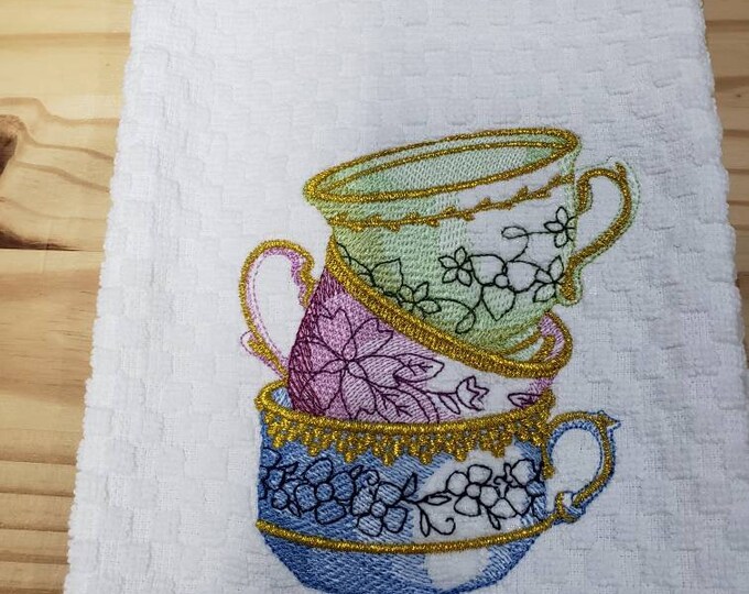 Teacup Tea stack  kitchen dish towel custom embroidered