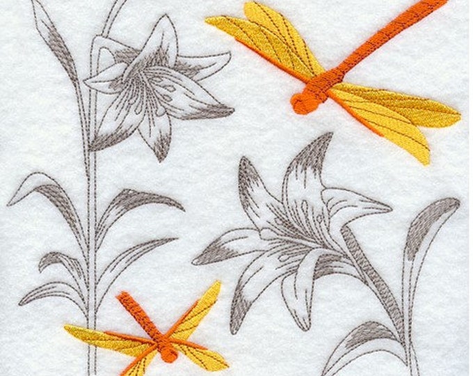 Dragonfly Lilies flower  hand towel set custom embroidered personalized