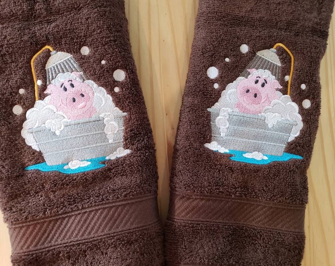 custom embroidered pink pig taking a bath set of 2 hand towels can be personalized