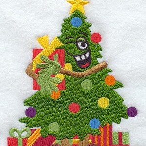May include: A smiling green Christmas tree with a winking eye and a red bow holds a gift in its arms. The tree is decorated with colorful ornaments and is surrounded by wrapped presents.
