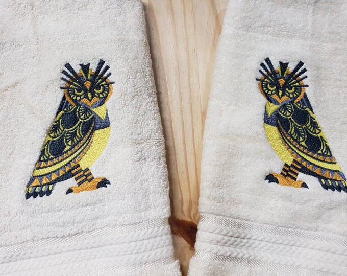 Owl bird art deco hand towel set custom embroidered