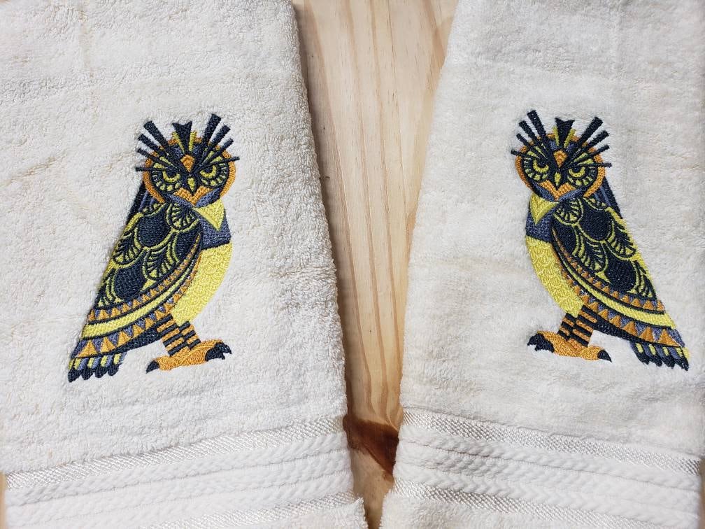 Owl bird art deco hand towel set custom embroidered