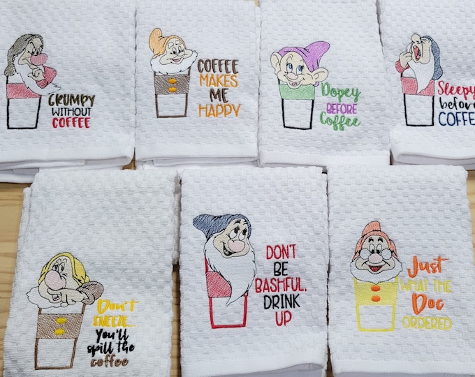 Disney inspired snow white seven dwarfs coffee  kitchen dish towel